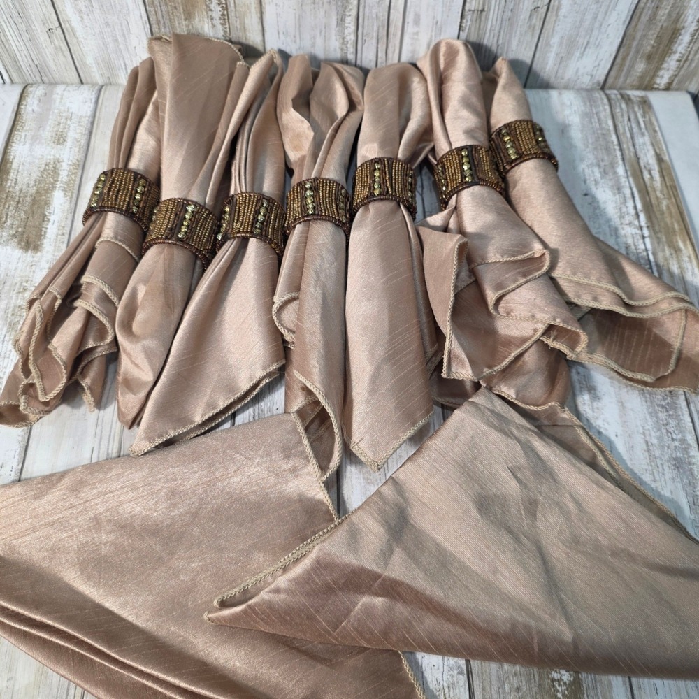 Champagne Cloth Napkins with Bronze Beaded Napkin Rings Formal Dining Set